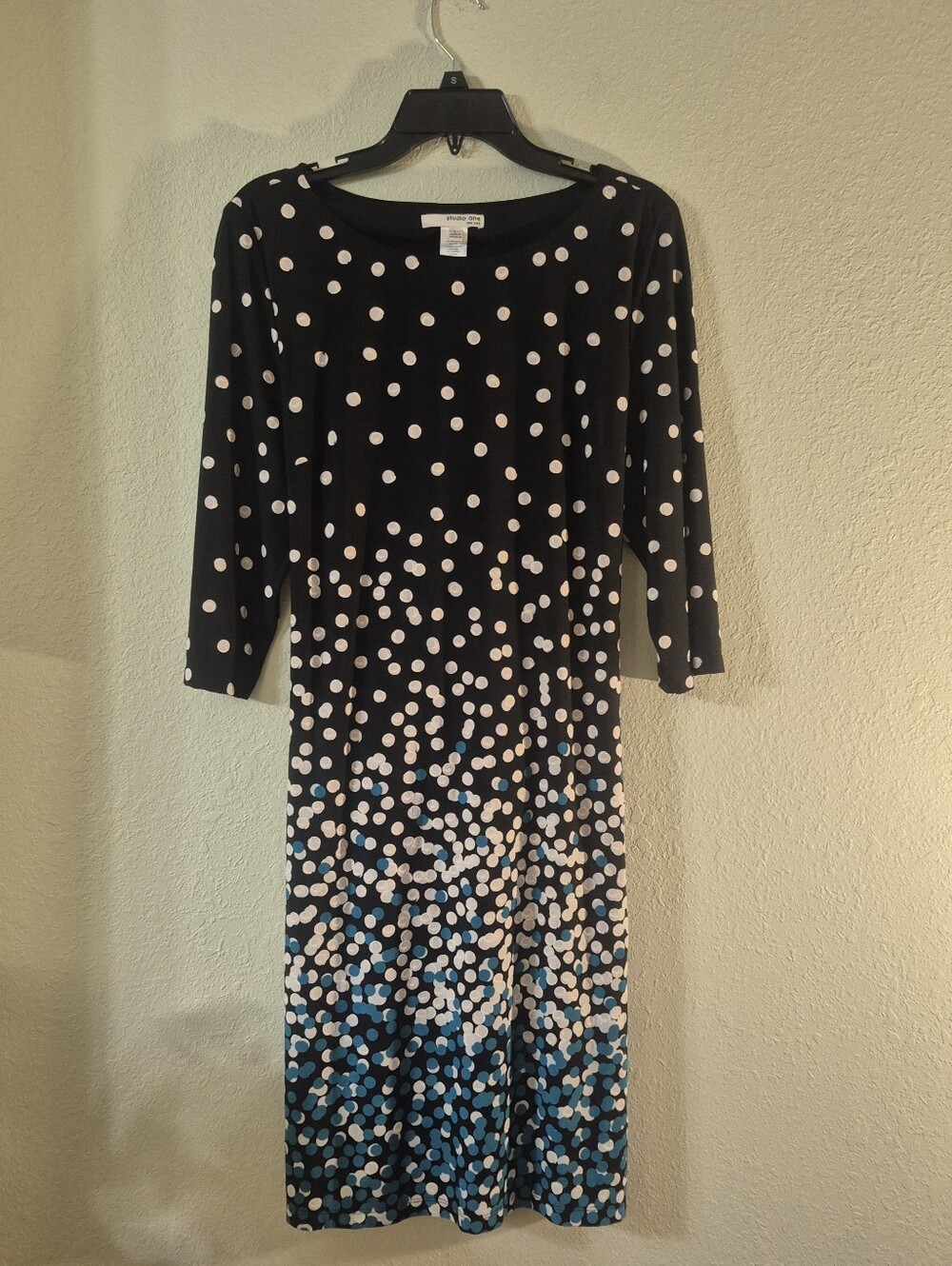 Black Polka Dot Midi Dress with Blue Ombre Dot Detail